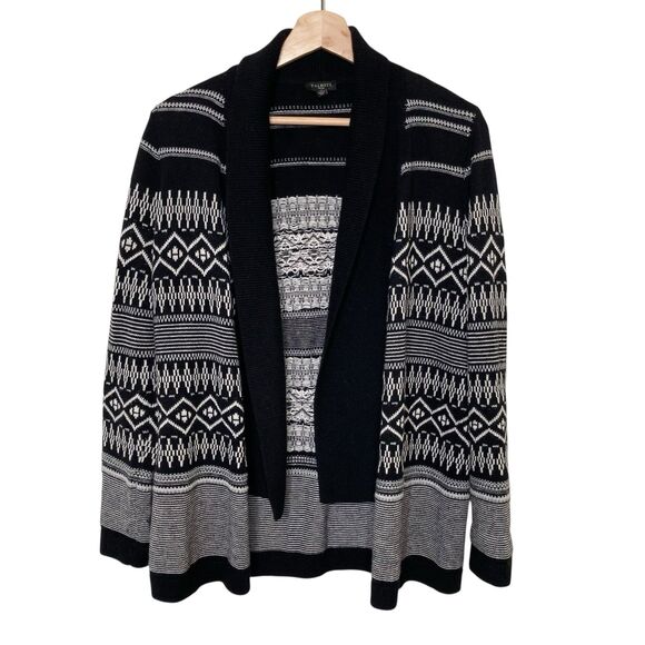 Talbots Cardigan Womens Petite Small Black Ivory Fairisle Intarsia Wool Blend - Picture 1 of 12